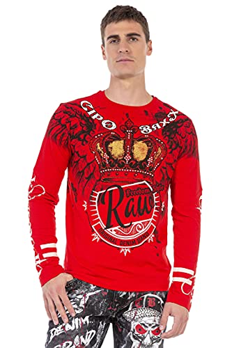 Cipo & Baxx Herren Langarmshirt Print Strassstein Longsleeve Rundhals Shirt Sweatshirt CL451 Rot S von Cipo & Baxx