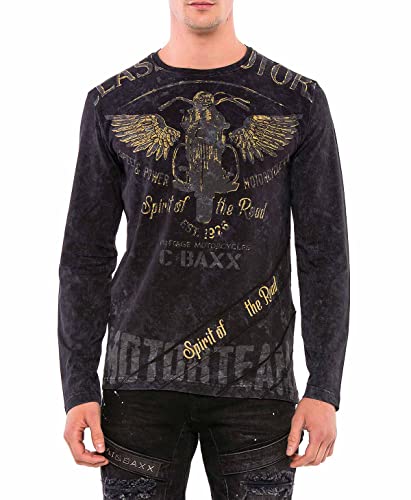Cipo & Baxx Herren Langarmshirt Pullover Longsleeve Rundhalskragen Bikerstil Schwarz M von Cipo & Baxx