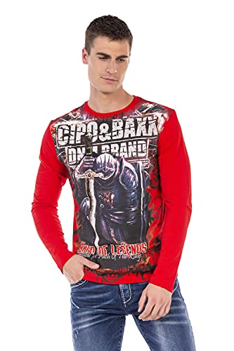 Cipo & Baxx Herren Langarmshirt Rundhals Print Longsleeve Longshirt Sweatshirt CL452 Rot M von Cipo & Baxx