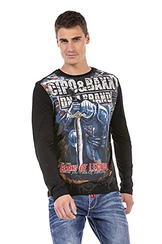 Cipo & Baxx Herren Langarmshirt Rundhals Print Longsleeve Longshirt Sweatshirt CL452 Schwarz XL von Cipo & Baxx