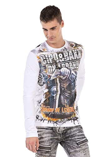 Cipo & Baxx Herren Langarmshirt Rundhals Print Longsleeve Longshirt Sweatshirt CL452 Weiß L von Cipo & Baxx