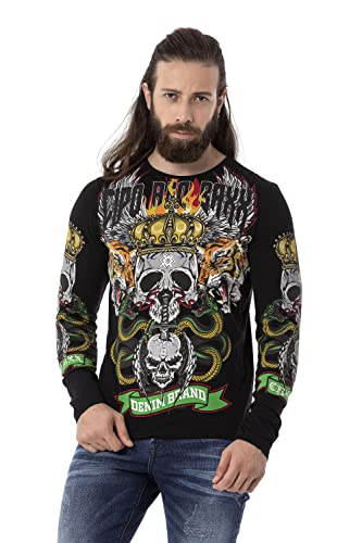 Cipo & Baxx Herren Langarmshirt Totenkopf Print Longsleeve Rundhals Sweater CL514 Schwarz M von Cipo & Baxx