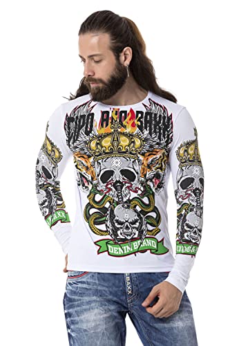 Cipo & Baxx Herren Langarmshirt Totenkopf Print Longsleeve Rundhals Sweater CL514 Weiß L von Cipo & Baxx