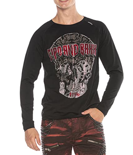 Cipo & Baxx Herren Longsleeve Langarmshirt Sweater Pullover Sweatshirt mit Totenkopf und Strasssteinen CL395 Schwarz M von Cipo & Baxx