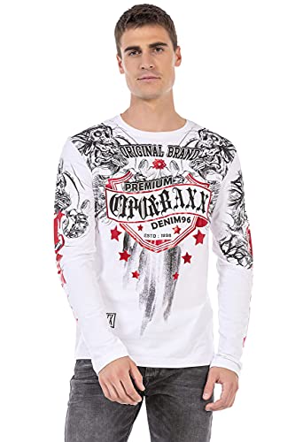 Cipo & Baxx Herren Longsleeve Langarmshirt Sweatshirt Rundhals Aufdruck Sweater CL450 Weiß L von Cipo & Baxx