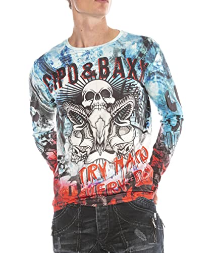 Cipo & Baxx Herren Longsleeve Langarmshirt Totenkopf Farbig Sweatshirt Sweater Print Blau M von Cipo & Baxx