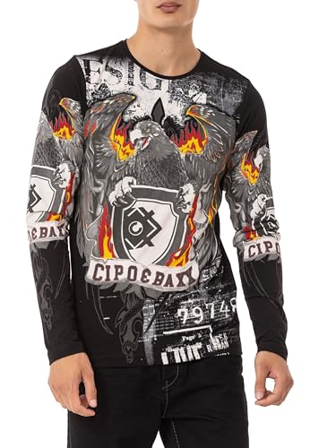 Cipo & Baxx Herren Longsleeve Print Langarmshirt Rundhalsausschnitt Sweatshirt Pulli Sweater CL553 Schwarz XL von Cipo & Baxx