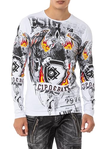 Cipo & Baxx Herren Longsleeve Print Langarmshirt Rundhalsausschnitt Sweatshirt Pulli Sweater CL553 Weiß XXL von Cipo & Baxx