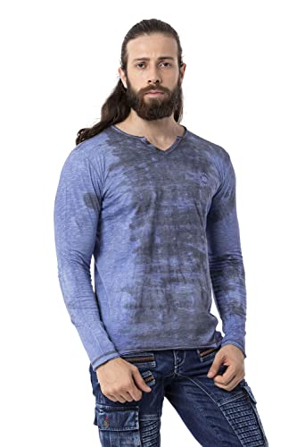 Cipo & Baxx Herren Longsleeve Sweatshirt Shirt Batikwaschung V-Ausschnitt Print Langarmshirt CL517 Blau XL von Cipo & Baxx