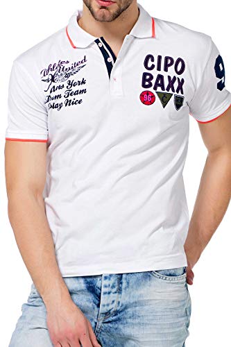 Cipo & Baxx Herren Poloshirt Slim Fit Strech mit Patches und Label-Print Weiß S von Cipo & Baxx