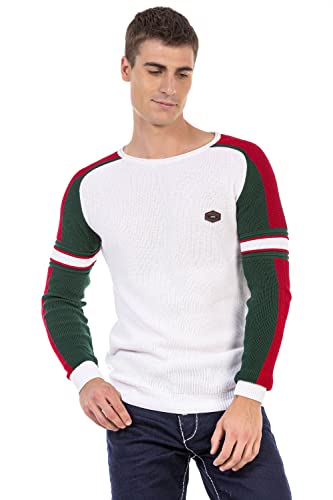 Cipo & Baxx Herren Pullover Farbblock Design Strickpullover Sweater Rundhals Pulli CP249 Weiß S von Cipo & Baxx