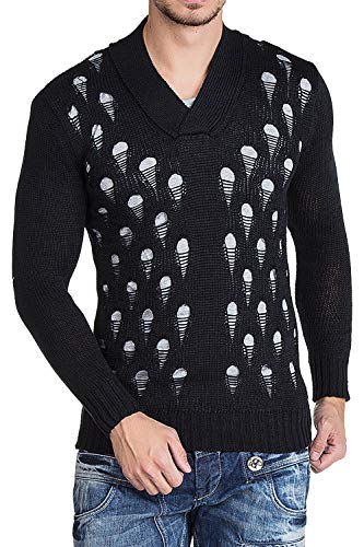 Cipo & Baxx Herren Pullover Schalkragenpullover Destroyed-Look Strickpulli Grobstrickpullover Black XXL von Cipo & Baxx