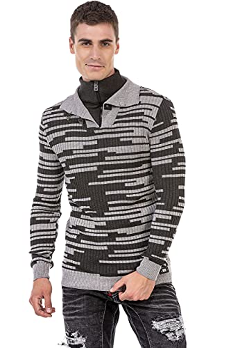 Cipo & Baxx Herren Pullover Strickpullover Sweater Langarm Doppelkragen Schlaufen Reißverschluss CP245 Grau-Anthracite S von Cipo & Baxx