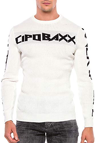 Cipo & Baxx Herren Rippenstrickpullover Label Sweater Langarmshirt Rundhalsausschnitt Pullover Weiß XXL von Cipo & Baxx