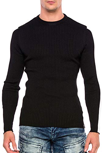 Cipo & Baxx Herren Rippenstrickpullover Langarmshirt Sweater Longsleeve Body Fit Sweatshirt Pulli Schwarz XXL von Cipo & Baxx