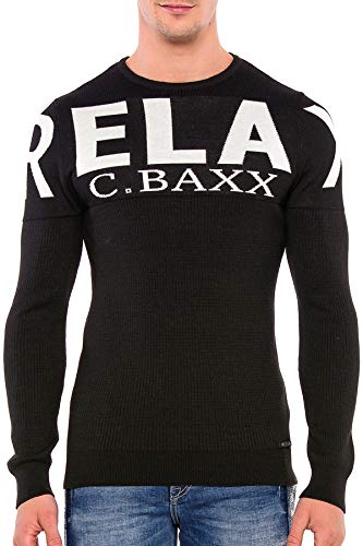 Cipo & Baxx Herren Rippenstrickpullover Strickmuster Logo Pullover Langarm Klassich Rundhalsausschnitt Sweater Sweatshirt Pulli Schwarz XL von Cipo & Baxx