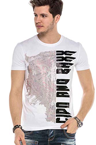 Cipo & Baxx Herren Rundhals T-Shirt Tiger-Print Pailletten Freizeit Shirt CT552 Weiß L von Cipo & Baxx