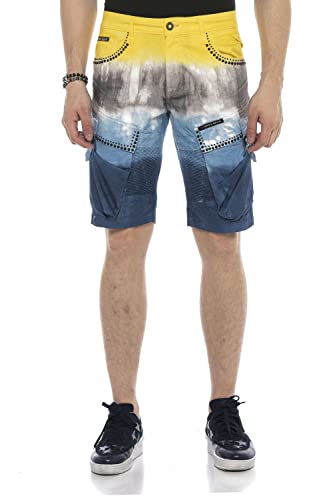 Cipo & Baxx Herren Shorts Denim Batikwaschung Kurze Hose Capri Cargotaschen Jeansshorts Freizeit Colorblock CK211 Gelb-Blau 31 von Cipo & Baxx