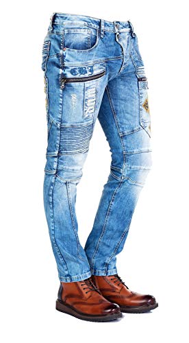 Cipo & Baxx Herren Slim-Fit Destroyed Jeans Hose mit Logo-Details Blau W30 L32 von Cipo & Baxx