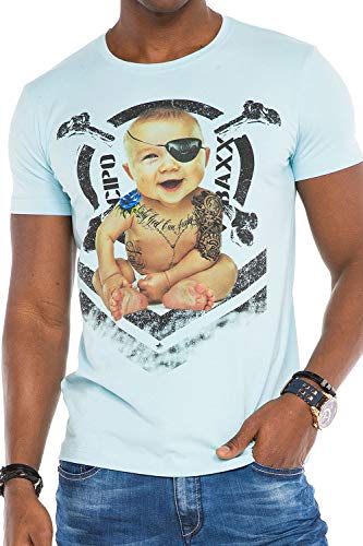 Cipo & Baxx Herren Slim Fit T-Shirt Freizeit Shirt Kurzarm T-Shirt mit Print und Label-Details Hellblau M von Cipo & Baxx