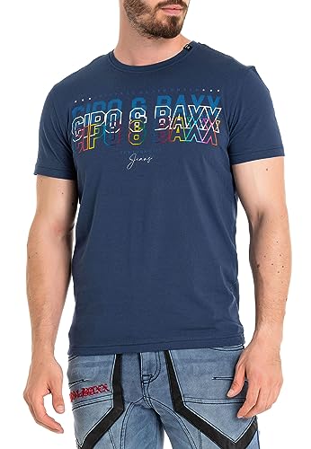 Cipo & Baxx Herren Slim Fit T-Shirt Logo Print Freizeitshirt Tops Baumwolle Rundhalskragen CT717 Dunkelblau L von Cipo & Baxx