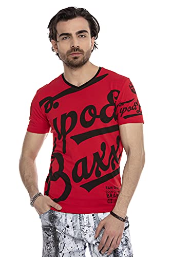 Cipo & Baxx Herren Sommer T-Shirt Kurzarm Allover Print Rundhals Baumwolle Shirt CT635 Rot L von Cipo & Baxx