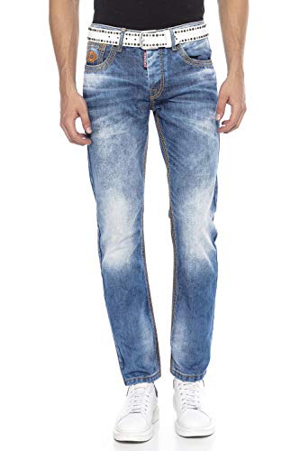 Cipo & Baxx Herren Straight Fit Jeans Hose Nähten Stickerei 5-Pocket Design CD669 Blau Denim Pants W36 L32 von Cipo & Baxx