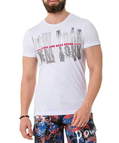 Cipo & Baxx Herren Strasssteine Print T-Shirt Kurzarm CT733 Weiß L von Cipo & Baxx