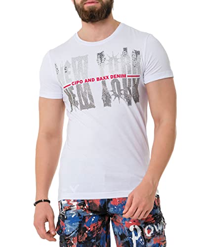 Cipo & Baxx Herren Strasssteine Print T-Shirt Kurzarm CT733 Weiß M von Cipo & Baxx