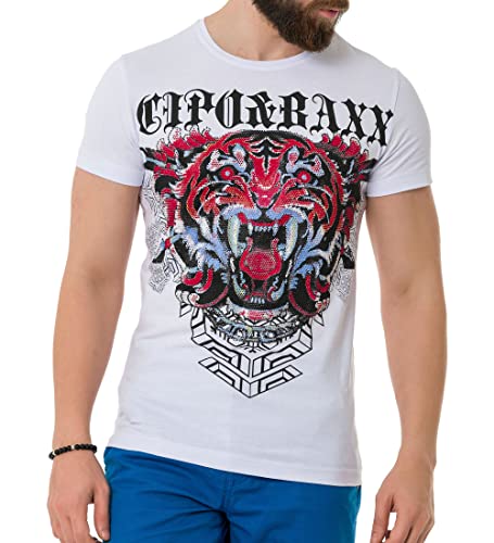 Cipo & Baxx Herren Strasssteine T-Shirt Print Kurzarm CT729 Weiß L von Cipo & Baxx