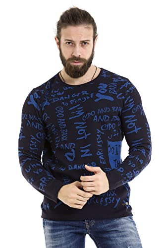 Cipo & Baxx Herren Strick Pullover Alloverprint Sweater Rundhals Pulli CP276 Dunkelblau L von Cipo & Baxx