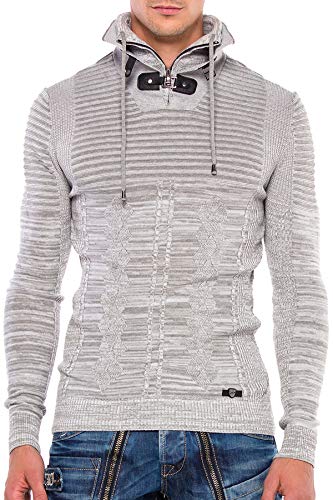 Cipo & Baxx Herren Strick-Pullover Sweatshirt Sweater Pulli Muster Strickpullover mit doppeltem Stehkragen Hellgrau M von Cipo & Baxx