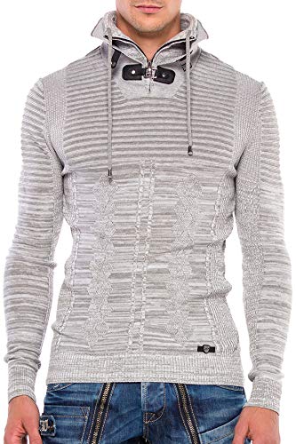 Cipo & Baxx Herren Strick-Pullover Sweatshirt Sweater Pulli Muster Strickpullover mit doppeltem Stehkragen Hellgrau XL von Cipo & Baxx