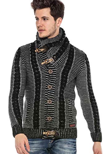 Cipo & Baxx Herren Strickjacke Schalkragen Winter Grobstrick Langarm Sweatjacke Hoodie Pullover Knöpfe-Knebelverschluss CP215 Schwarz-Grau XL von Cipo & Baxx