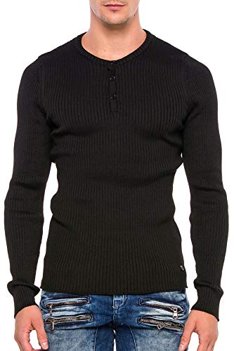 Cipo & Baxx Herren Strickpullover Langarmshirt Longsleeve Sweatshirt Rippenstrickpullover Rundhalskragen mit Knopfleiste Schwarz XL von Cipo & Baxx
