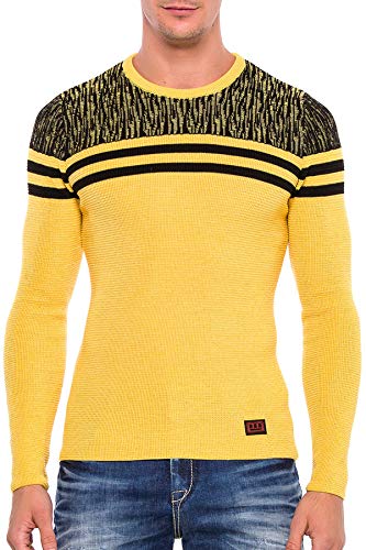 Cipo & Baxx Herren Strickpullover Mustermix Rundhalskragen Sweater Pulli Streifen Design Smart Pullover Sweatshirt Gelb-Schwarz XXL von Cipo & Baxx