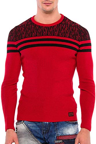 Cipo & Baxx Herren Strickpullover Mustermix Rundhalskragen Sweater Pulli Streifen Design Smart Pullover Sweatshirt Rot-Schwarz XL von Cipo & Baxx