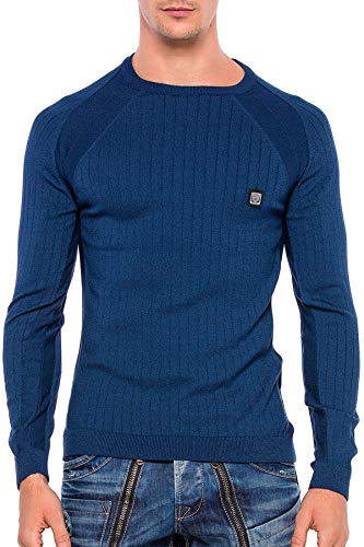 Cipo & Baxx Herren Strickpullover Rippenstrickpulli Rundhalsausschnitt Sweatshirt Raglanärmel Slim Body Fit Blau XXL von Cipo & Baxx