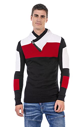 Cipo & Baxx Herren Strickpullover Schalkragen Pullover Sweater Stehkragen Pulli CP248 Dunkelblau-Rot S von Cipo & Baxx