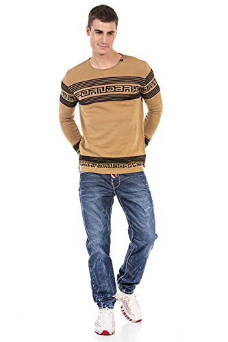 Cipo & Baxx Herren Strickpullover Streifen Muster Strick Rundhals Langarm Pullover CP243 Camel XL von Cipo & Baxx