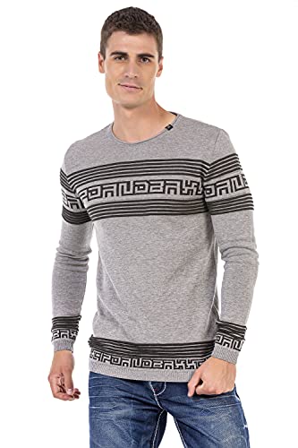 Cipo & Baxx Herren Strickpullover Streifen Muster Strick Rundhals Langarm Pullover CP243 Grey M von Cipo & Baxx