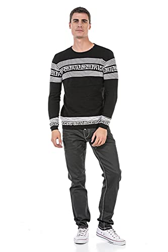 Cipo & Baxx Herren Strickpullover Streifen Muster Strick Rundhals Langarm Pullover CP243 Schwarz S von Cipo & Baxx