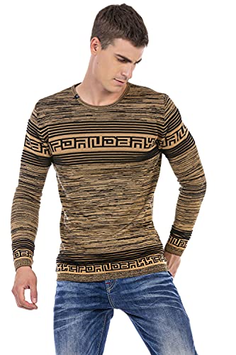 Cipo & Baxx Herren Strickpullover Streifen Muster Strick Rundhals Langarm Pullover CP244 Camel L von Cipo & Baxx