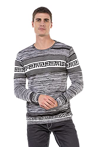 Cipo & Baxx Herren Strickpullover Streifen Muster Strick Rundhals Langarm Pullover CP244 Grey M von Cipo & Baxx