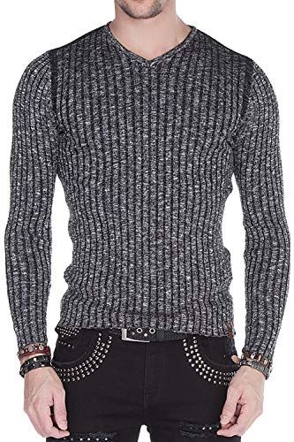 Cipo & Baxx Herren Strickpullover Sweater Sweatshirt Langarm Rundhalspullover V-Ausschnitt Kontrast-Strickmuster CP142 Anthracite XL von Cipo & Baxx