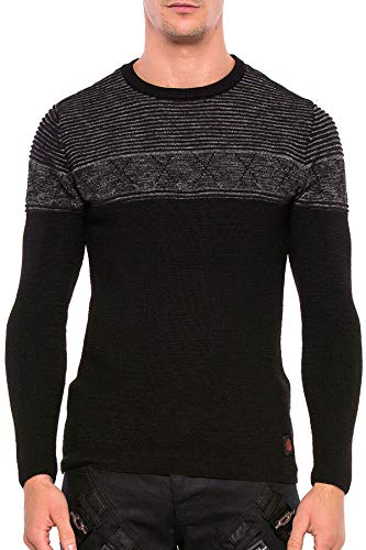 Cipo & Baxx Herren Strickpullover Zweifarbig Langarmpullover Sweater Schlicht Basic Rundhalskragen Pulli Schwarz-Anthracite S von Cipo & Baxx