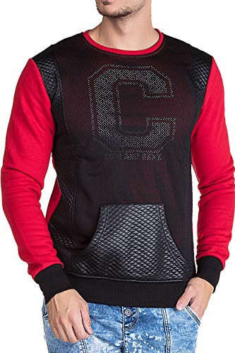 Cipo & Baxx Herren Sweatshirt Langarmshirt Pullover Sweater Longsleeve Netz-Kunstleder Details Rot L von Cipo & Baxx