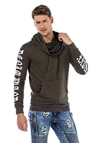 Cipo & Baxx Herren Sweatshirt Schalkragen Hoodie Casual Sweat Pullover Langarm Pulli mit Kordelzug Khaki M von Cipo & Baxx