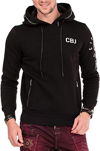 Cipo & Baxx Herren Sweatshirt doppelter Kapuze Hoodie Sweatpullover Kapuzenpullover Kängurutasche mit Zipper Pullover Labelprint Leder-Optik Schwarz L von Cipo & Baxx