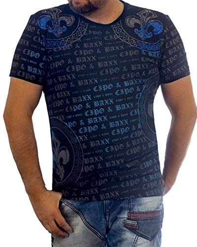 Cipo & Baxx Herren T-Shirt Allover Print Rundhals Casual Freizeitshirt Markenschriftzug CT554 Schwarz XL von Cipo & Baxx